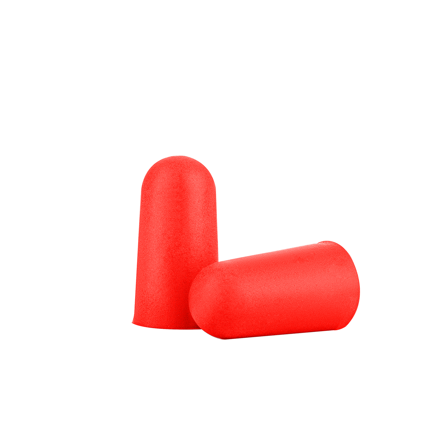 Two red earplugs on a white background