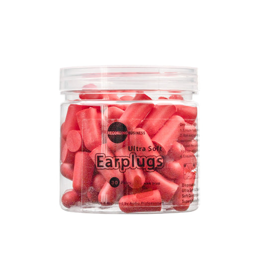 Jar of red earplugs with 'Ultra Soft' branding on a white background