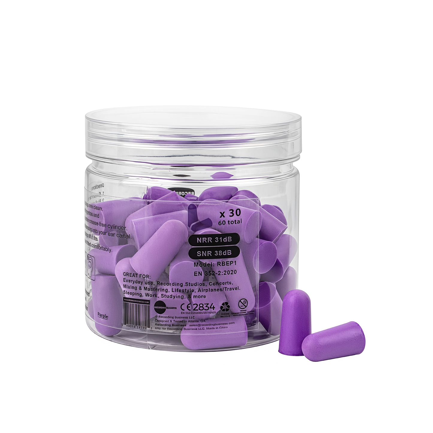 Recording Business Ultra Soft Earplugs – 30 Pairs (31 dB NRR) Purple