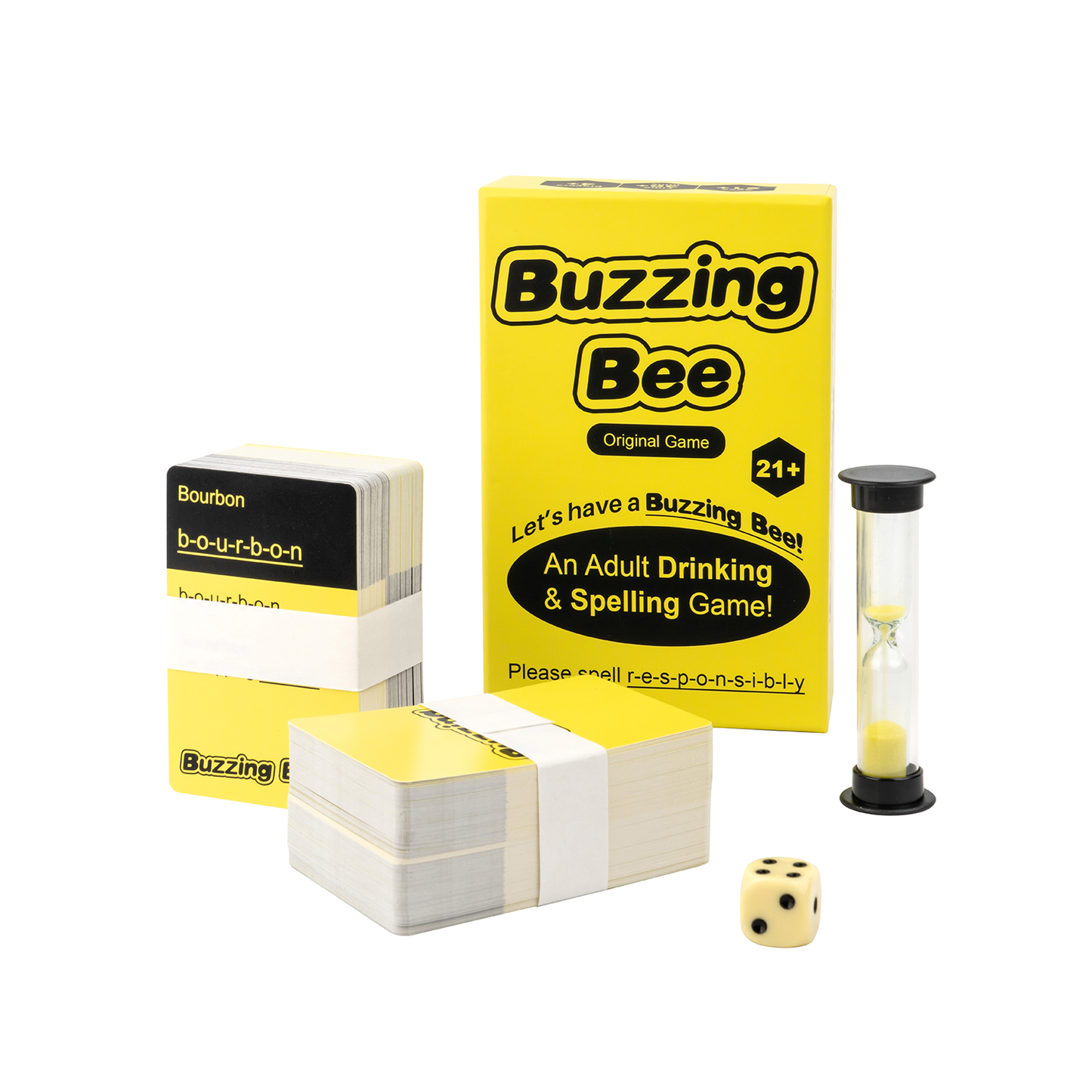 Buzzing Bee game components including cards, a box, and a dice on a white background