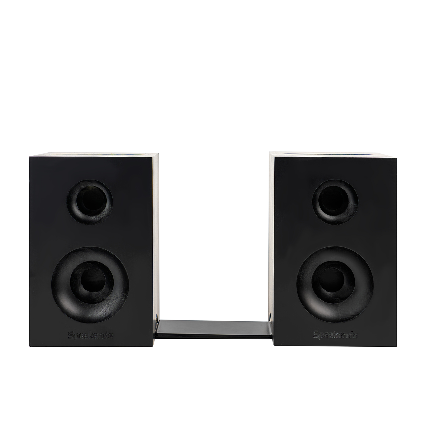 Pair of black speaker bookends on a white background