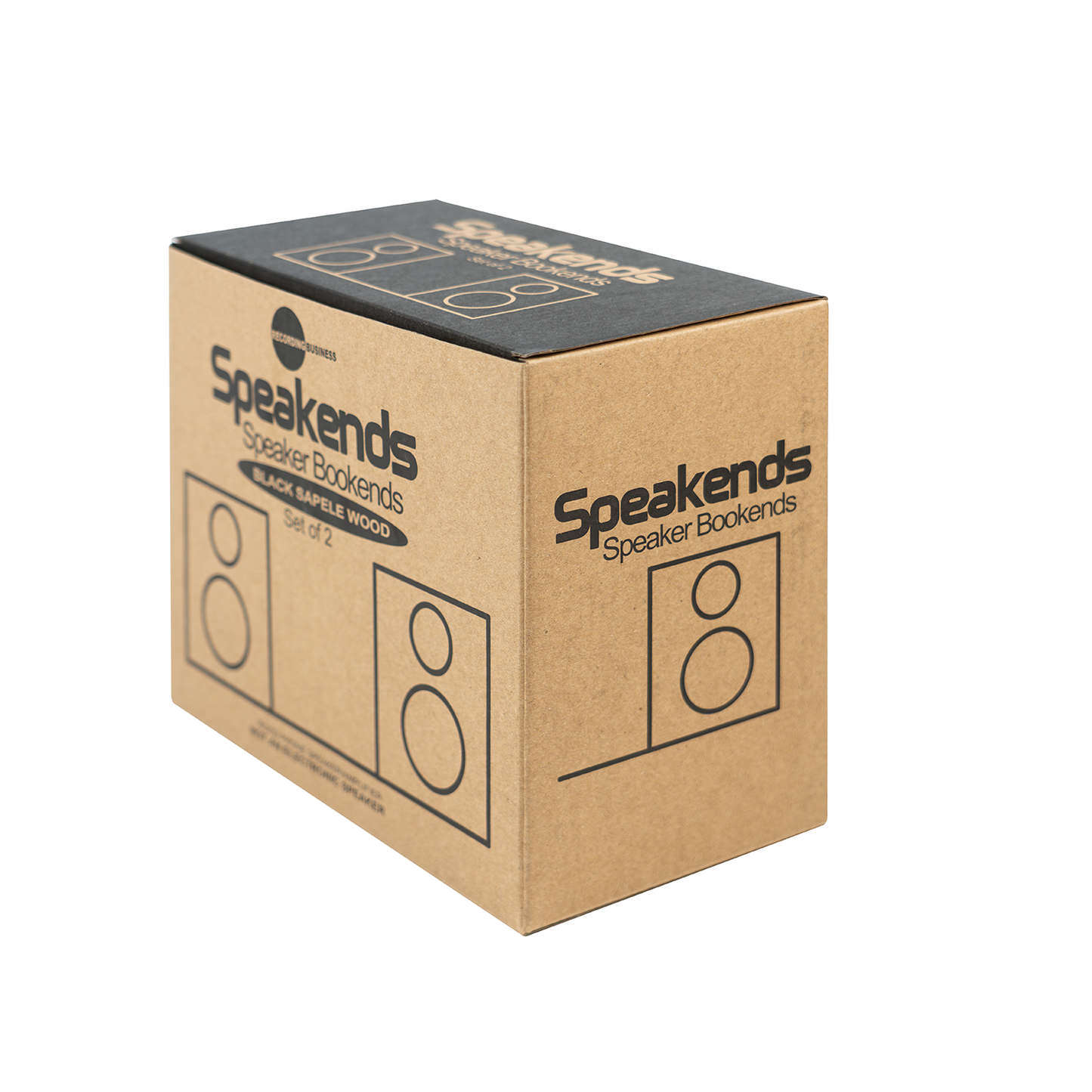 Cardboard box with 'Speakends' branding and design on a white background