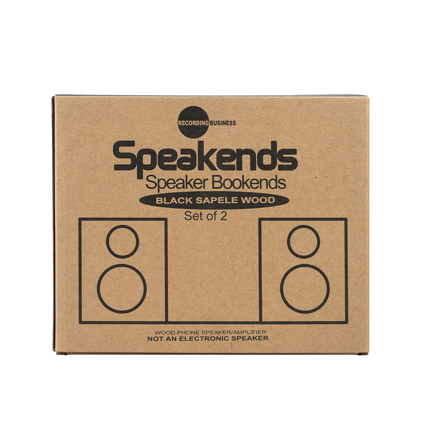 Cardboard box with 'Speakends' speaker bookends packaging on a white background