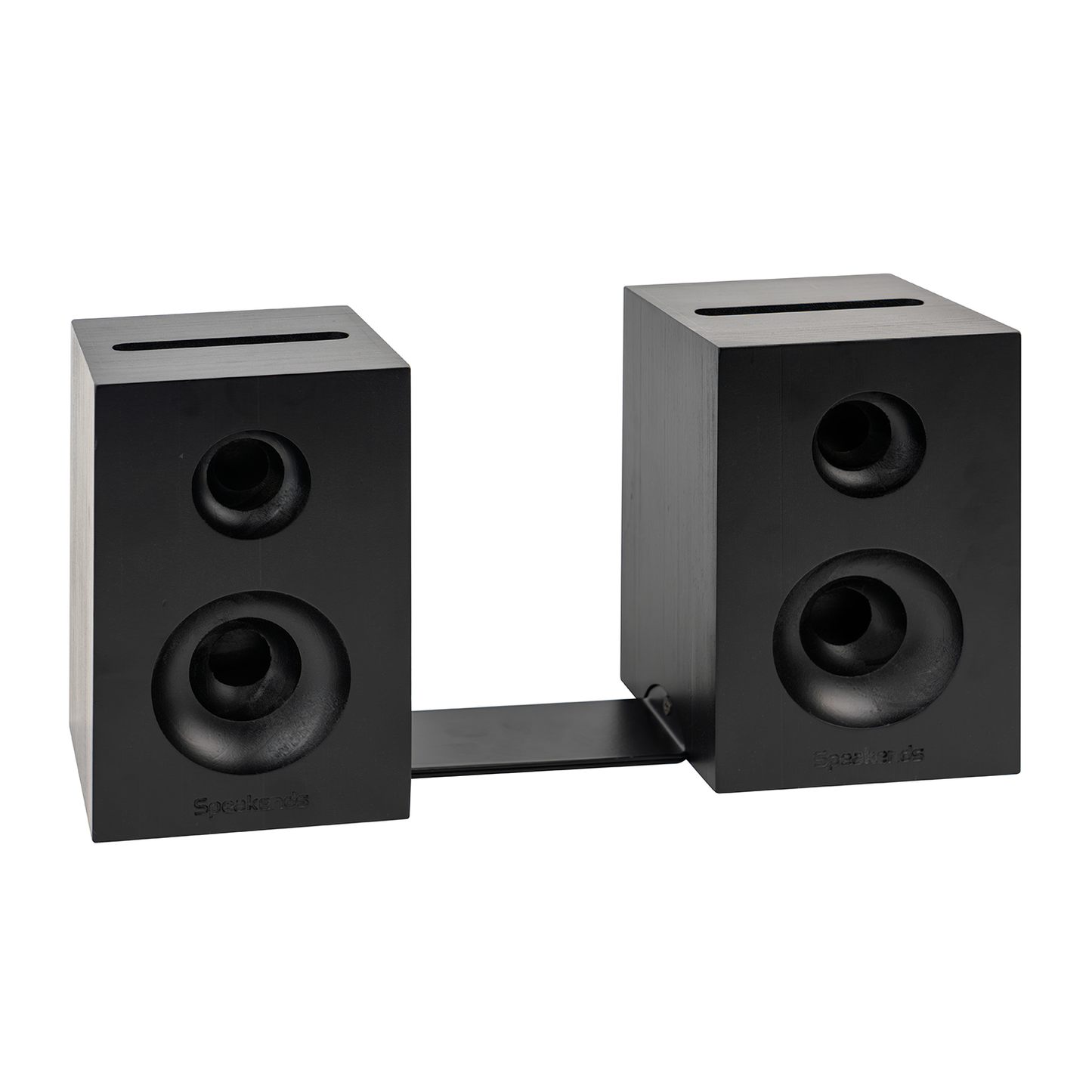 Pair of black speakers on a white background