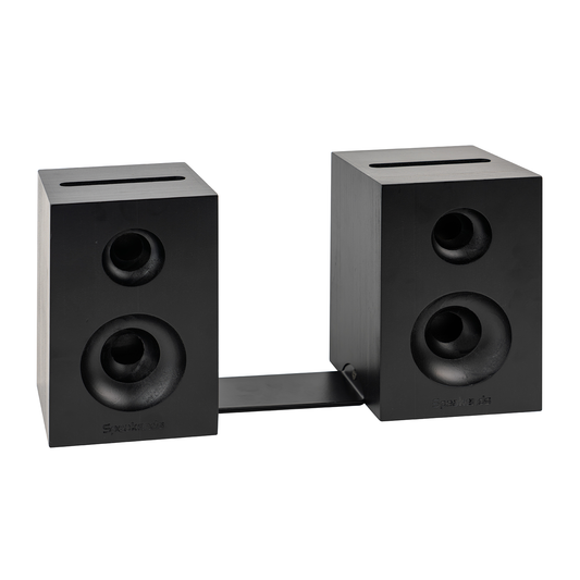 Pair of black speakers on a white background